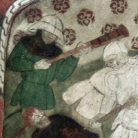 Albertus Picor: Ermordung König Olafs. Fresko Kirche von Kumpla Sala Västmanland, Sweden, um 1482