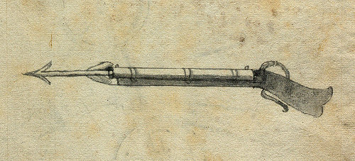Pfeile verschießende Luntenschlossmuskete, Monogrammist MS, um 1597, Universitätsbibliothek Erlangen-Nürnberg, Zeichnung H62/B 1099
