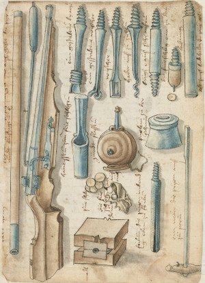 Ballscrews and other accessories from Johannes Formschneider: Büchsenmeisterbuch. WLB Cod. milit. qt. 31, Fol. 6v
